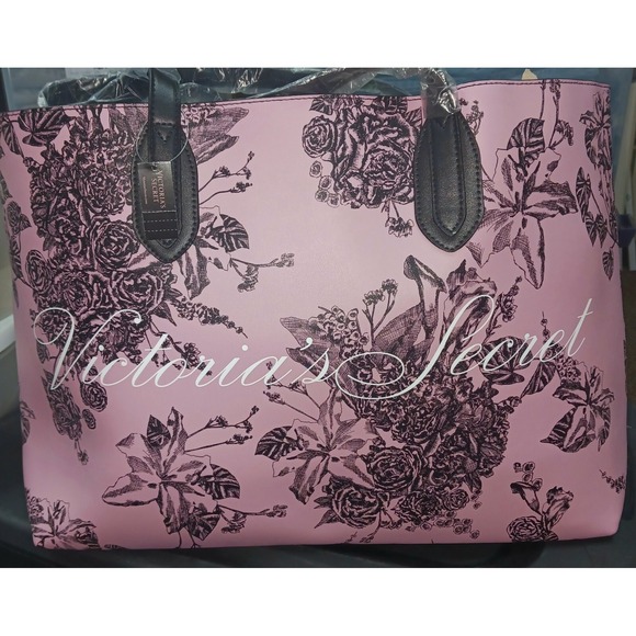 Victoria's Secret Tote Bag,‎ Pink with Black Floral Design, 16 x 11.5 x 5 - Picture 2 of 7